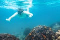 Snorkeling underwater, active travels, snorkeler watching corals, swimming and diving Royalty Free Stock Photo