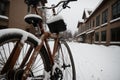 Snow on the back of a rusty bike