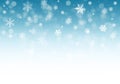 Snow background. Blue Christmas snowfall with defocused flakes. Winter concept with falling snow. Holiday texture and white