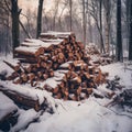 Snow background firewood nature log winter timber stack pile wood forest