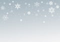 Snow background. Grey and white Christmas snowfall. Winter concept with falling snow. Holiday texture and white snowflakes Royalty Free Stock Photo