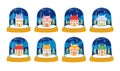 Snow ball set with cute funny houses and cottages with colorful roofs and windows. Glass Snowball collection with little houses in