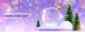 Snow ball. Tree and glass transparent globe with snowflakes, 3d render winter elements, Xmas light ornament, 2024 card