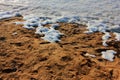 Snow on the beach. Landscape with melting snow on the sand. Sunny spring day. Natural textured background. Royalty Free Stock Photo