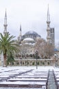 The Blue mosque (Sultanahmet mosque) in winter day with snow in Istanbul, Turkey. Snow storm in Turkey. Royalty Free Stock Photo