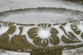 Snow on Birdbath close-up