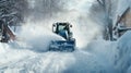 Snow blower powered by gasoline in action. Man outdoor in front of house using snowblower machine.