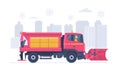 Snow blower truck with driver against the background of an abstract cityscape. Vector illustration Royalty Free Stock Photo