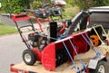 3 snow blowers on a trailer ready for work Royalty Free Stock Photo