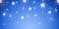 Snow blue background. Christmas snowy winter design. White falling snowflakes, abstract landscape. Cold weather effect Royalty Free Stock Photo