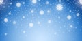 Snow blue background. Christmas snowy winter design. White falling snowflakes, abstract landscape. Cold weather effect Royalty Free Stock Photo