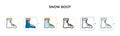 Snow boot vector icon in 6 different modern styles. Black, two colored snow boot icons designed in filled, outline, line and Royalty Free Stock Photo