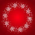 Snow border circle frame. Christmas texture, isolated on red background. Snowflake abstract effect. Holiday border Royalty Free Stock Photo