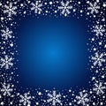 Snow border frost frame. Christmas texture, isolated on blue background. Snowflake abstract effect. Holiday border Royalty Free Stock Photo