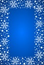 Snow border frost frame. Christmas texture, isolated on blue background. Snowflake abstract effect. Holiday border Royalty Free Stock Photo