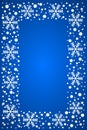 Snow border frost frame. Christmas texture, isolated on blue background. Snowflake abstract effect. Holiday border Royalty Free Stock Photo