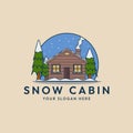 snow cabin vintage logo spruce tree cartoon winter vector illustration design
