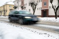 Snow calamity on the road. Car driving at winter