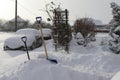 Snow calamity. Snow calamity, shovels put away in the drift. Winter.