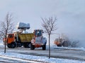 Snow cannons spray artificial snow crystals. Artificial snow production system. Cars make snow Royalty Free Stock Photo