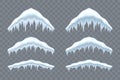 Snow cap ice set. Winter design snowy icicle roof. White blue snow template. Frame decoration isolated transparent Royalty Free Stock Photo