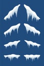 Snow cap ice set. Winter design snowy icicle roof. White snow template. Frame decoration isolated blue background. 3D Royalty Free Stock Photo