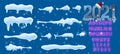 Snow capes and piles winter realistic set on blue background isolated vector illustration. Frost ice and snow white