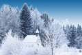 Snow-capped little wooden chapel in frosty winter forest Royalty Free Stock Photo