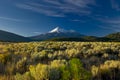 Snow capped Mount Shasta Volcano towering high