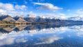 Snow capped mountain peaks reflections on a tranquil New Zealand alpine lake Royalty Free Stock Photo