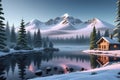 Snow-Capped Mountain Range, Crisp Winter Dawn, Blinding Reflection on Untouched Snow, Scattered Evergreens