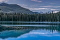 Snow capped mountains with coniferous forest in front reflecting in a mountain lake.