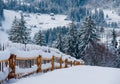 Snow-capped mountains in corpses, snow falls on trees, small village Royalty Free Stock Photo