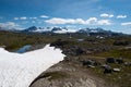 Snow capped mountains and crystal clear lakes along the Sognefjellsvegen, highest mountain road of Northern Europe