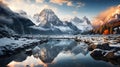 Snow-Capped Mountains Reflected in Glassy Lake - AI Generated