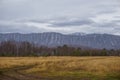 Snow capped mountains and taiga Royalty Free Stock Photo