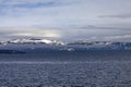 Snow capped mountins across the lake