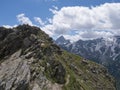 Snow-capped moutains and green valley on steep rocky footpath of Stubai hiking trail, Stubai Hohenweg, Alpine landscape Royalty Free Stock Photo