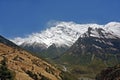 Snow-capped peak of Annapurna II dominating the valley of the Marsyangdi river, Nepal