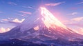 A majestic snowy mountain glows with the pink hues of dawn, under a sky with streaks of clouds and falling stars Royalty Free Stock Photo