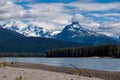 Snow-capped peaks over sandy riverbank of Lower Stikine river, British Columbia, Canada