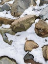 Snow-capped rocks on the riverbank