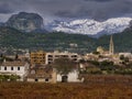 Snow-capped mountains from the town of Binissalem