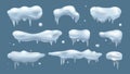 Snow caps 3d elements set in realistic render design. Collection of white horizontal snow piles and corners with melts and icicles Royalty Free Stock Photo