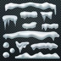 Snow caps. Ice cap with shadow, snowdrifts and icicles. Winter season christmas and new year realistic 3d isolated