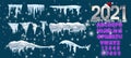 Snow caps and icicles. Snowball and snowdrift vector 2021 winter decorations isolated. Frost ice and snow white, frozen Royalty Free Stock Photo