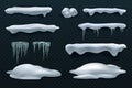 Snow caps and icicles. Snowball and snowdrift vector winter decorations isolated Royalty Free Stock Photo