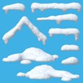 Snow caps set, icicles, snowballs and snowdrifts isolated on blue background 3d rendering Royalty Free Stock Photo