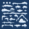 Snow caps set. Snowdrifts, snowballs, snow roof,icicles collection in cartoon style. Winter snowy elements for Royalty Free Stock Photo