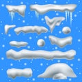 Snow caps. Snowballs and snowdrifts, snowfall and snowflakes, snowcap, snowy frame and icy christmas holiday decoration Royalty Free Stock Photo